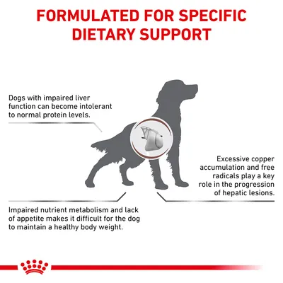 Formulated for specific dietary support: dogs with impaired liver function may be intolerant to normal protein, have difficulty maintaining weight, and are affected by copper accumulation.