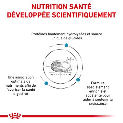 NUTRITION SANTÉ DÉVELOPPÉE SCIENTIFIQUEMENT. Protéines hautement hydrolysées, source unique de glucides, nutriments pour la santé digestive, formule enrichie pour soutenir la croissance.