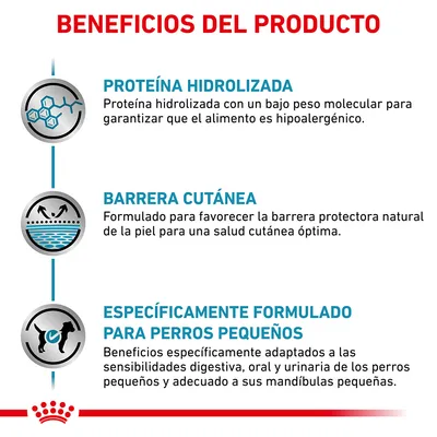 Beneficios del producto: proteína hidrolizada hipoalergénica, favorece la barrera cutánea y formulado para perros pequeños con sensibilidades digestiva, oral y urinaria.