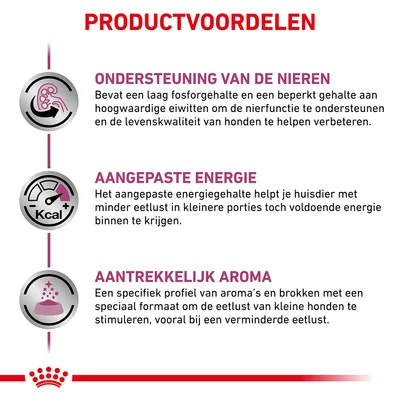 Productvoordelen: ondersteuning van de nieren, aangepaste energie en aantrekkelijk aroma. Tekst beschrijft lage fosfor, aangepast energiegehalte en speciaal aroma voor eetlust kleine honden.
