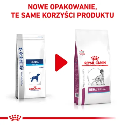 Nowe opakowanie karmy Royal Canin Renal Special dla psów. Po lewej stare, po prawej nowe opakowanie z napisem 'NOWE OPAKOWANIE, TE SAME KORZYŚCI PRODUKTU'.