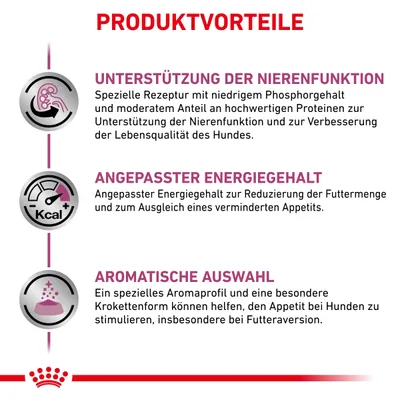 Produktvorteile: Unterstützung der Nierenfunktion, angepasster Energiegehalt zur Appetitreduktion, aromatische Auswahl zur Stimulierung des Hundeappetits bei Futteraversion.