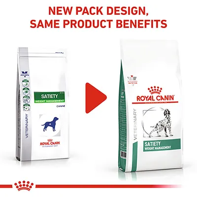 Image showing change from old to new pack design for Satiety Weight Management product, with text stating 'New pack design, same product benefits'.