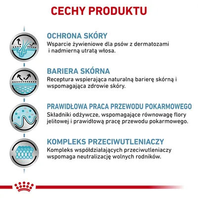 Cechy produktu: ochrona skóry, bariera skórna, prawidłowa praca przewodu pokarmowego, kompleks przeciwutleniaczy. Opisy wsparcia dla skóry, flory jelitowej i neutralizacji wolnych rodników.