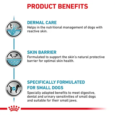 Product benefits: dermal care for dogs with reactive skin, supports skin barrier for optimal health, specially formulated to meet digestive, dental and urinary needs of small dogs.
