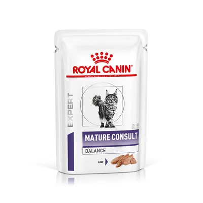Royal Canin Expert Mature Consult Balance Loaf, saszetka z wizerunkiem kota i kawałkami karmy. Widoczne napisy: MATURE CONSULT, BALANCE, LOAF.