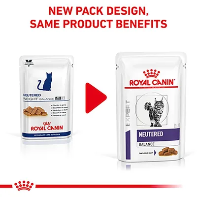 Image showing new Royal Canin neutered balance pack design replacing the old one, with text stating 'New pack design, same product benefits'.