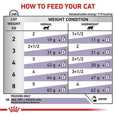 Utfodringstabell för katt: rekommenderad mängd torr- och våtfoder per dag för normalviktiga och överviktiga katter, vikt 2–8 kg. Metaboliserbar energi: 719 kcal/kg.