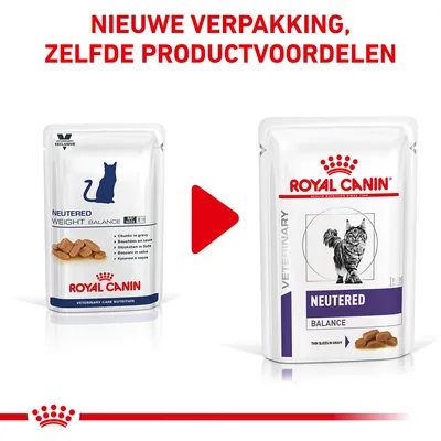 Nieuwe verpakking Royal Canin Neutered Balance kattenvoer, zelfde productvoordelen. Links oude verpakking, rechts nieuwe verpakking met kat en tekst: Thin Slices in Gravy.