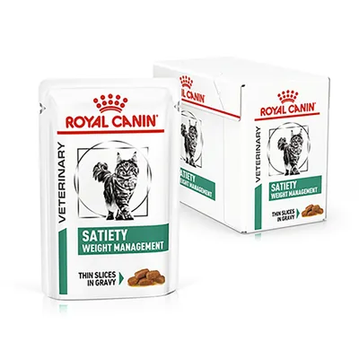 Satiety Weight Management thin slices in gravy, veterinary product. Packaging shows food pieces and a cat illustration.