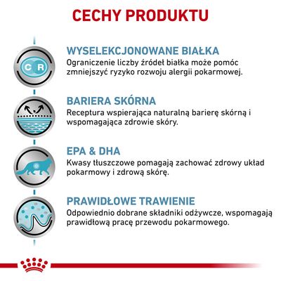 Cechy produktu: wyselekcjonowane białka, bariera skórna, EPA & DHA, prawidłowe trawienie. Opisy korzyści dla zdrowia skóry, układu pokarmowego i ograniczenia alergii pokarmowej.