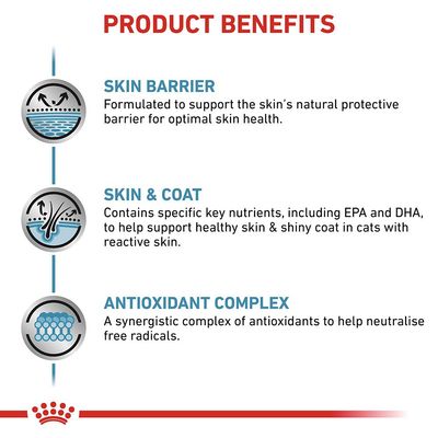 Produktfördelar: Skin Barrier, Skin & Coat samt Antioxidant Complex. Text på engelska om hudbarriär, näringsämnen för hud och päls samt antioxidantkomplex mot fria radikaler.