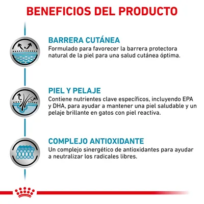 Beneficios del producto: barrera cutánea, piel y pelaje, complejo antioxidante. Incluye descripciones sobre protección de la piel, nutrientes EPA y DHA, y antioxidantes contra radicales libres.