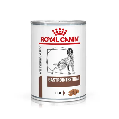 Консерва Royal Canin Veterinary Gastrointestinal Loaf для собак, изображение собаки и кусочков корма на упаковке