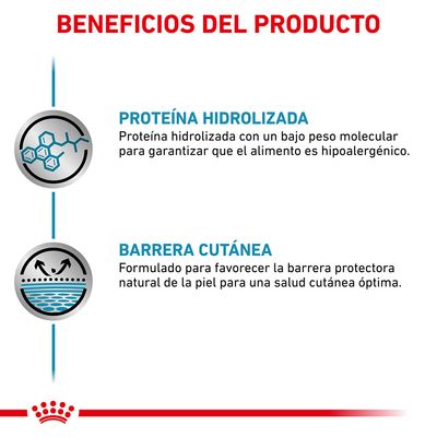 Beneficios del producto: proteína hidrolizada con bajo peso molecular para alimento hipoalergénico y barrera cutánea para favorecer la protección natural de la piel.
