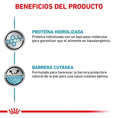 Beneficios del producto: proteína hidrolizada con bajo peso molecular para alimento hipoalergénico y barrera cutánea para favorecer la protección natural de la piel.