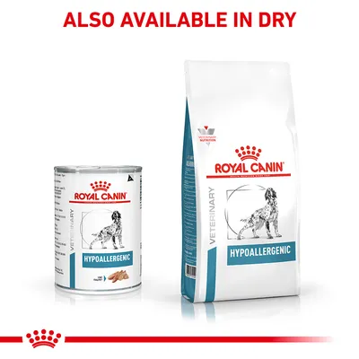 ROYAL CANIN HYPOALLERGENIC κονσέρβα και ξηρά τροφή για σκύλους. Εμφανίζεται κείμενο στα αγγλικά: ALSO AVAILABLE IN DRY.