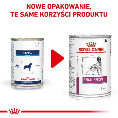 Nowe opakowanie karmy Royal Canin Renal Special dla psów. Widoczne dwie puszki: stare i nowe opakowanie, tekst: Nowe opakowanie, te same korzyści produktu.