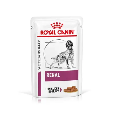 Royal Canin Veterinary Renal hondenvoer, thin slices in gravy. Witte verpakking met afbeelding van hond en paarse RENAL-balk.