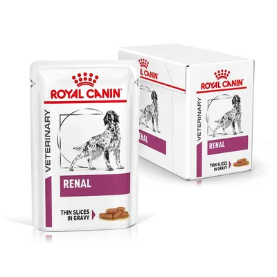 Royal Canin Veterinary Renal hondenvoer, thin slices in gravy. Verpakking toont afbeelding van hond en productnaam. Zowel zakje als doos zichtbaar.