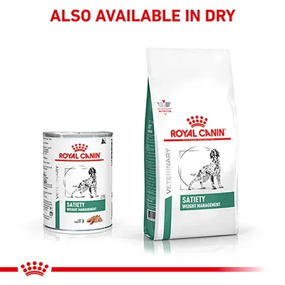 Satiety Weight Management food shown in wet and dry forms, with text stating also available in dry.