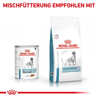Royal Canin Sensitivity Control Chicken with Rice консервированный корм и Royal Canin Skin Support сухой корм для собак. Надпись на немецком: MISCHFÜTTERUNG EMPFOHLEN MIT.