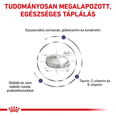 Tudományosan megalapozott, egészséges táplálás. Esszenciális zsírsavak, glükózamin és kondroitin. Oldódó és nem oldódó rostok, prebiotikumokkal. Taurin, C-vitamin és E-vitamin.