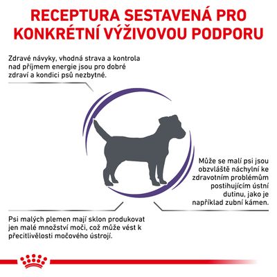 Receptura sestavená pro konkrétní výživovou podporu. Informace o zdravých návycích, stravě a zdravotních problémech malých psů včetně citlivosti močového ústrojí a zubního kamene.