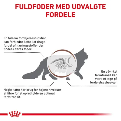 FULDFODER MED UDVALGTE FORDELE. En følsom fordøjelsesfunktion kan forhindre katte i at drage fordel af næringsstoffer. Nogle katte har brug for højere fibre. Påvirket tarmtransit kan være tegn på besvær.