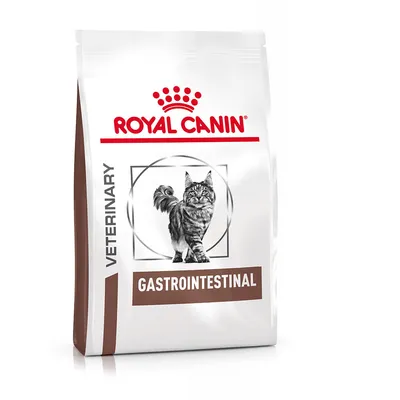 Sachet de croquettes pour chat Royal Canin Veterinary Gastrointestinal, illustration d’un chat sur l’emballage, texte visible : VETERINARY, GASTROINTESTINAL.