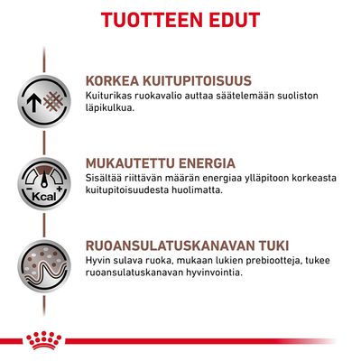 TUOTTEEN EDUT: KORKEA KUITUPITOISUUS, MUKAUTETTU ENERGIA, RUOANSULATUSKANAVAN TUKI. Sisältää kuvaukset kuidun, energian ja ruoansulatuskanavan tuen eduista.