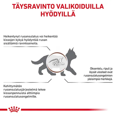 TÄYSRAVINTO VALIKOIDUILLA HYÖDYILLÄ. Heikentynyt ruoansulatus voi heikentää kissojen kykyä hyödyntää ravintoaineita. Oksentelu, ripuli ja löysät ulosteet ovat ruoansulatusongelmien merkkejä.