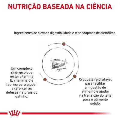 NUTRIÇÃO BASEADA NA CIÊNCIA. Ingredientes de elevada digestibilidade e teor adaptado de eletrólitos. Complexo com vitamina E, C e taurina. Croquete reidratável para facilitar a ingestão.