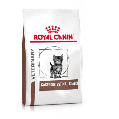 ROYAL CANIN VETERINARY GASTROINTESTINAL KITTEN kattemadspose med billede af killing på forsiden. Synlig tekst: GASTROINTESTINAL KITTEN, VETERINARY.