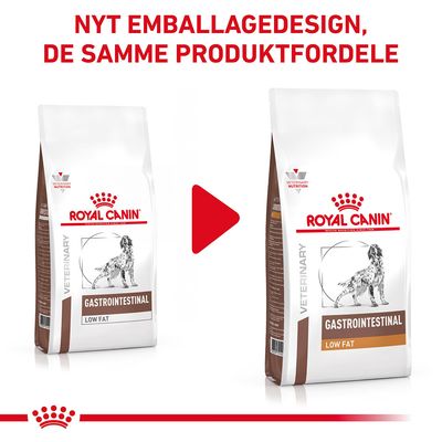 Nyt emballagedesign, de samme produktfordele. To poser Royal Canin Gastrointestinal Low Fat hundefoder vises side om side med forskelligt design.
