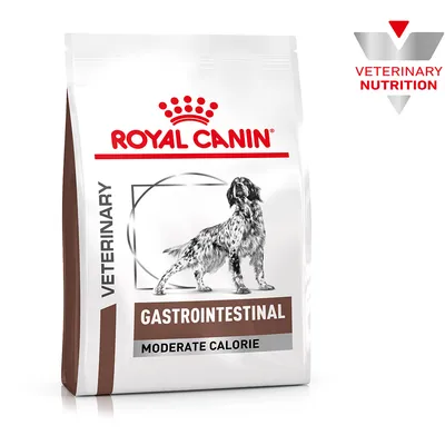 Royal Canin Veterinary Gastrointestinal Moderate Calorie cibo per cani, confezione con immagine di cane e logo Veterinary Nutrition.