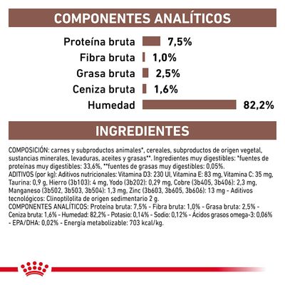 Componentes analíticos: proteína bruta 7,5 %, fibra bruta 1,0 %, grasa bruta 2,5 %, ceniza bruta 1,6 %, humedad 82,2 %. Ingredientes y aditivos nutricionales detallados en la imagen.
