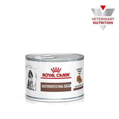 Royal Canin Gastrointestinal Puppy lattina di cibo umido, Ultra Soft Mousse, Veterinary Nutrition. Immagine di un cane sulla confezione.