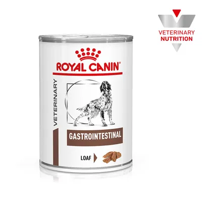 Royal Canin Veterinary Gastrointestinal Loaf konzerva s obrázkom psa a kúskami. Veterinárna diétna výživa.
