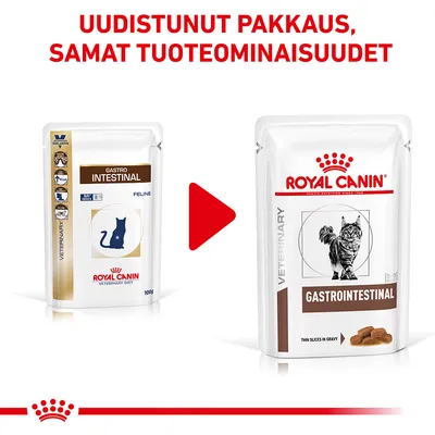 Royal Canin Gastro Intestinal -kissanruoan pakkausmuutos: vanha ja uusi pussi vierekkäin, teksti 'Uudistunut pakkaus, samat tuoteominaisuudet' ylhäällä.