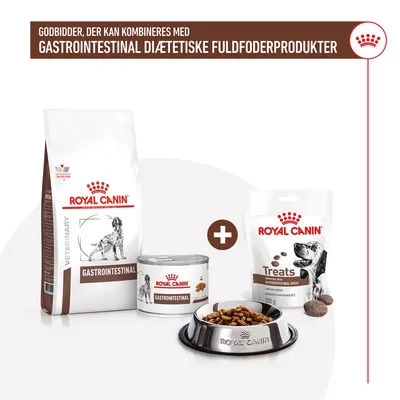 Royal Canin Gastrointestinal tørfoder, vådfoder og godbidder til hund. Tekst: Godbidder, der kan kombineres med gastrointestinal diætetiske fuldfoderprodukter.