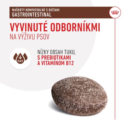 Vyvinuté odborníkmi na výživu psov. Maškrty kompatibilné s diétami gastrointestinal. Nízky obsah tuku, s prebiotikami a vitamínom B12. Symbol nízky tuk. Zobrazená maškrta.