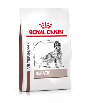 Saco de pienso para perros Royal Canin Veterinary Hepatic. Texto visible: VETERINARY, HEPATIC. Imagen de un perro en el envase.