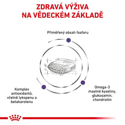 Zdravá výživa na vědeckém základě, přiměřený obsah fosforu, komplex antioxidantů včetně lykopenu a betakarotenu, omega-3 mastné kyseliny, glukosamin, chondroitin.