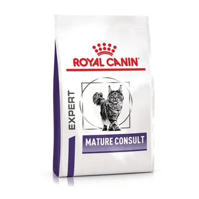 Royal Canin EXPERT Mature Consult -kissanruokapakkaus, etupuolella harmaa kissa ja teksti MATURE CONSULT. Valkoinen pussi, violetti ja punainen korostus.