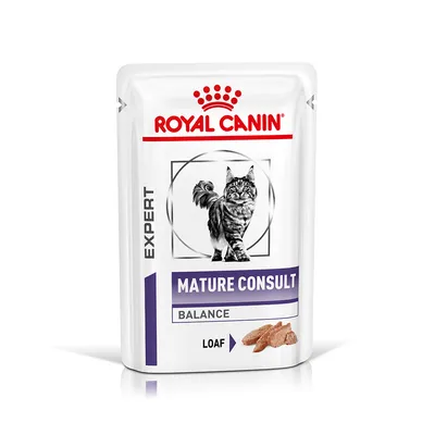 ROYAL CANIN EXPERT MATURE CONSULT BALANCE LOAF kattemad i pose, billede af kat og foderstykker på emballagen