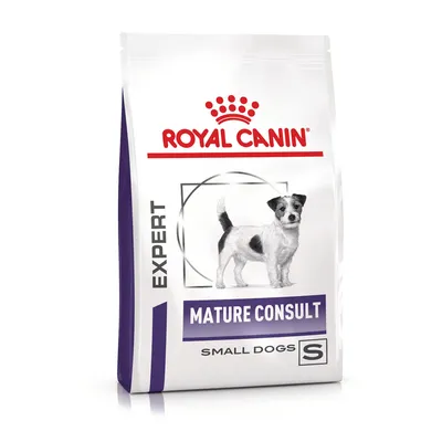 Royal Canin Expert Mature Consult Small Dogs S -koiranruokapakkaus, kuvassa pieni koira ja tekstit: EXPERT, MATURE CONSULT, SMALL DOGS S