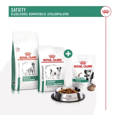 Royal Canin Satiety Weight Management kutyatáp és Treats jutalomfalat csomagolás, tálban száraztáp. Felirat: Satiety eledelekkel kompatibilis jutalomfalatok.