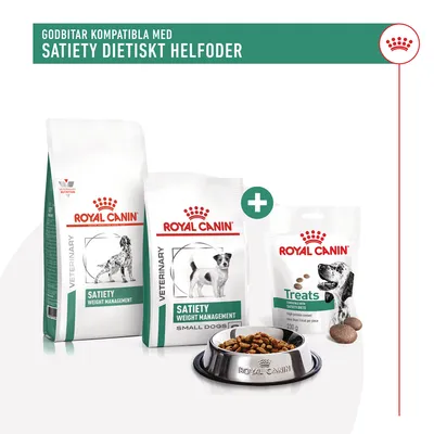 Royal Canin Veterinary Satiety Weight Management torrfoder för hund, Small Dogs-variant, samt Royal Canin Treats kompatibla med Satiety-diet. Skål med foder och godbitar synliga.