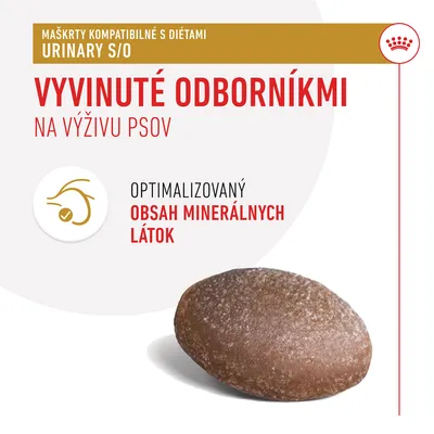 Maškrta kompatibilná s diétami URINARY S/O, vyvinuté odborníkmi na výživu psov, optimalizovaný obsah minerálnych látok. Zobrazená jedna hnedá maškrta.